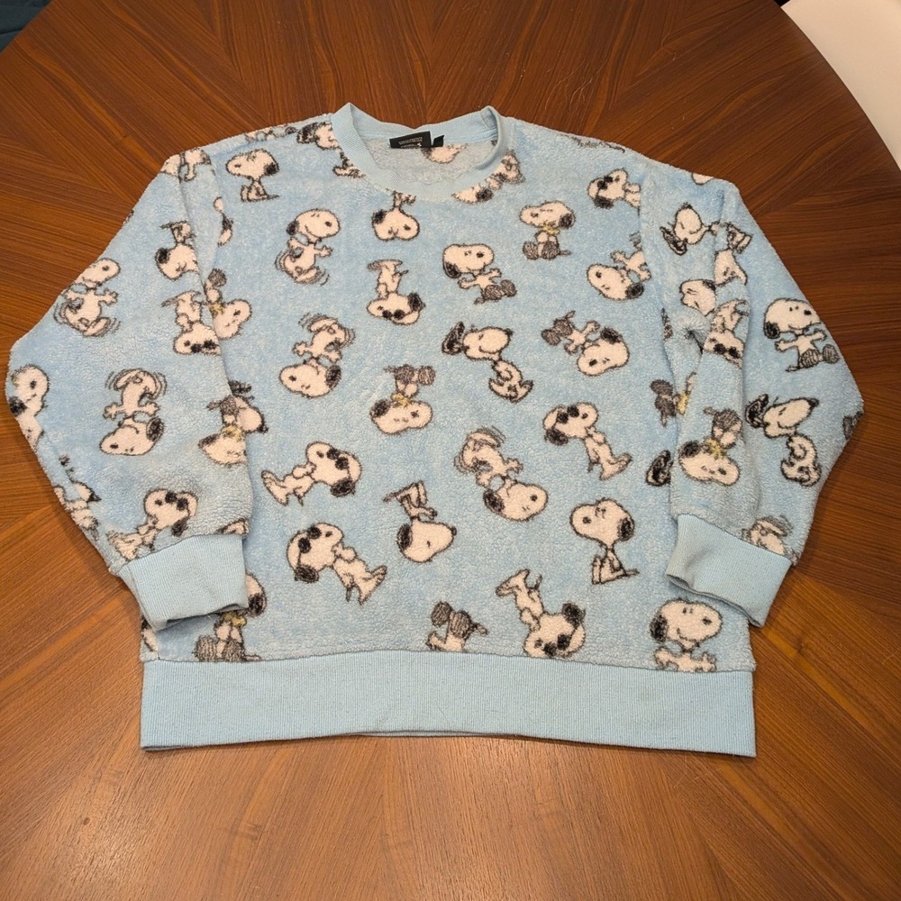Peanuts Snoopy Sweatshirt Women Large Blue Excellent All Over Print Fleece Crew